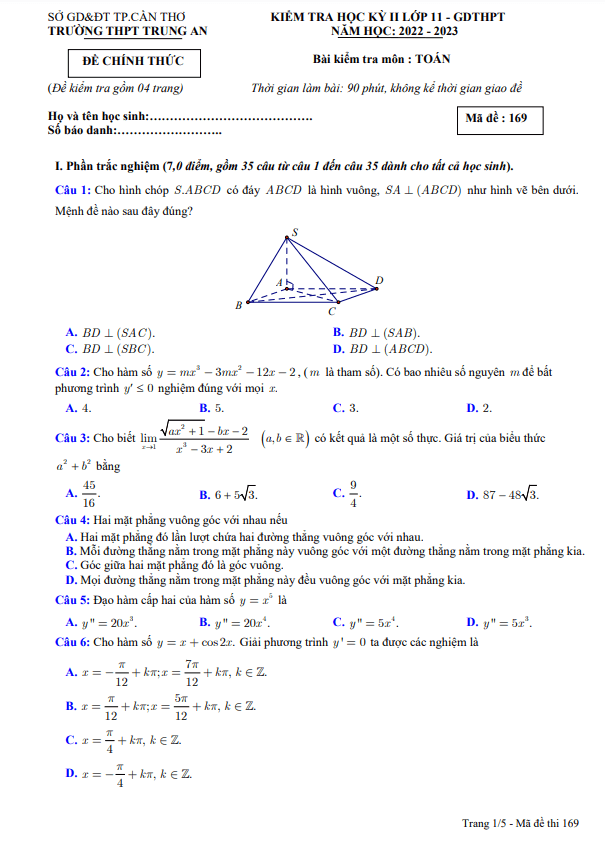 Đề học kì 2 (HK2) lớp 11 môn Toán năm 2022 2023 trường THPT Trung An Cần Thơ