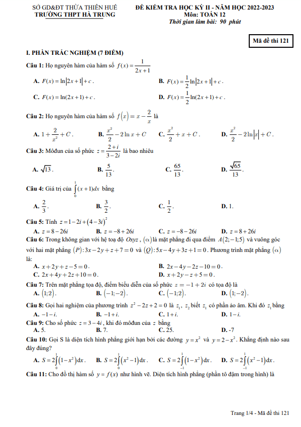 Đề học kì 2 (HK2) lớp 12 môn Toán năm 2022 2023 trường THPT Hà Trung TT Huế