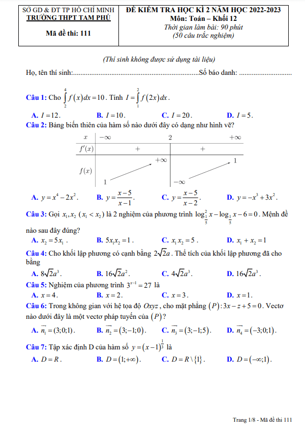 Đề học kì 2 (HK2) lớp 12 môn Toán năm 2022 2023 trường THPT Tam Phú TP HCM