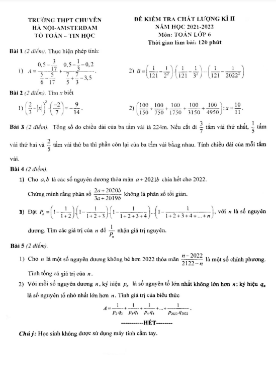 Đề học kì 2 (HK2) lớp 6 môn Toán năm 2021 2022 trường chuyên Hà Nội Amsterdam
