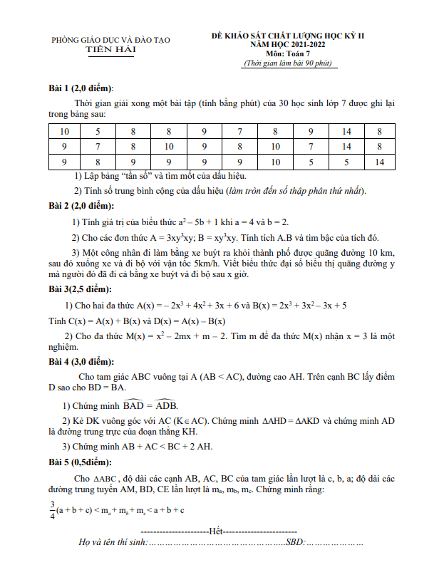 Đề học kì 2 (HK2) lớp 7 môn Toán năm 2021 2022 phòng GD ĐT Tiền Hải Thái Bình