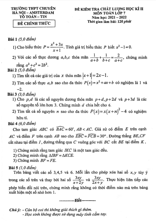 Đề học kì 2 (HK2) lớp 7 môn Toán năm 2021 2022 trường chuyên Hà Nội Amsterdam