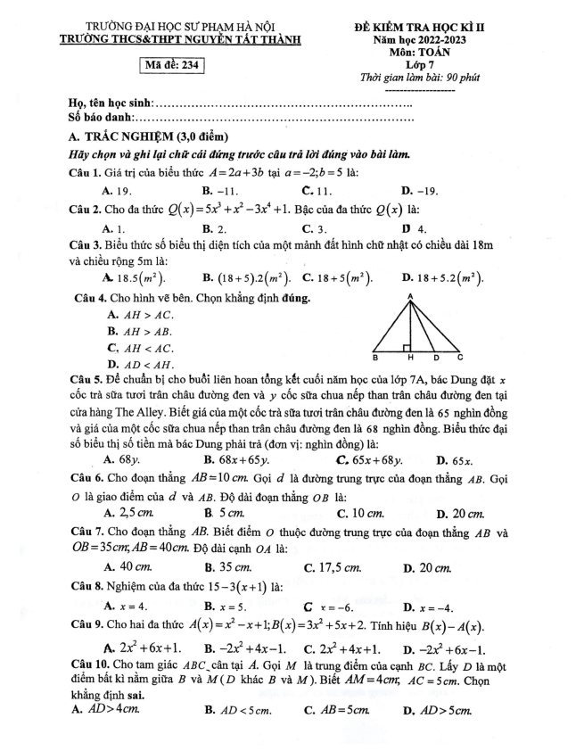 Đề học kì 2 (HK2) lớp 7 môn Toán năm 2022 2023 trường Nguyễn Tất Thành Hà Nội