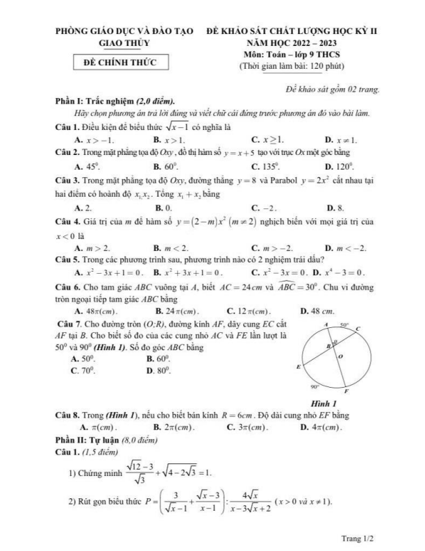 Đề học kì 2 (HK2) lớp 9 môn Toán năm 2022 2023 phòng GD ĐT Giao Thuỷ Nam Định