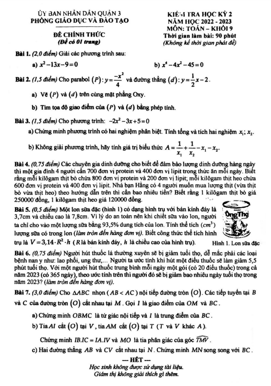 Đề học kì 2 (HK2) lớp 9 môn Toán năm 2022 2023 phòng GD ĐT quận 3 TP HCM