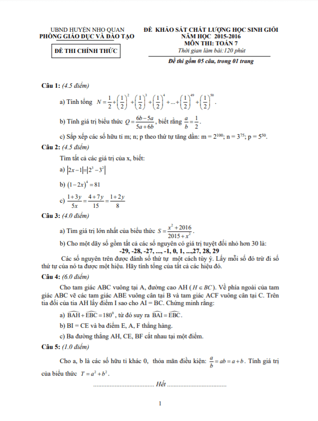 Đề học sinh giỏi huyện lớp 7 môn Toán năm 2015 2016 phòng GD ĐT Nho Quan Ninh Bình