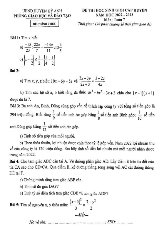 Đề học sinh giỏi huyện lớp 7 môn Toán năm 2022 2023 phòng GD ĐT Kỳ Anh Hà Tĩnh