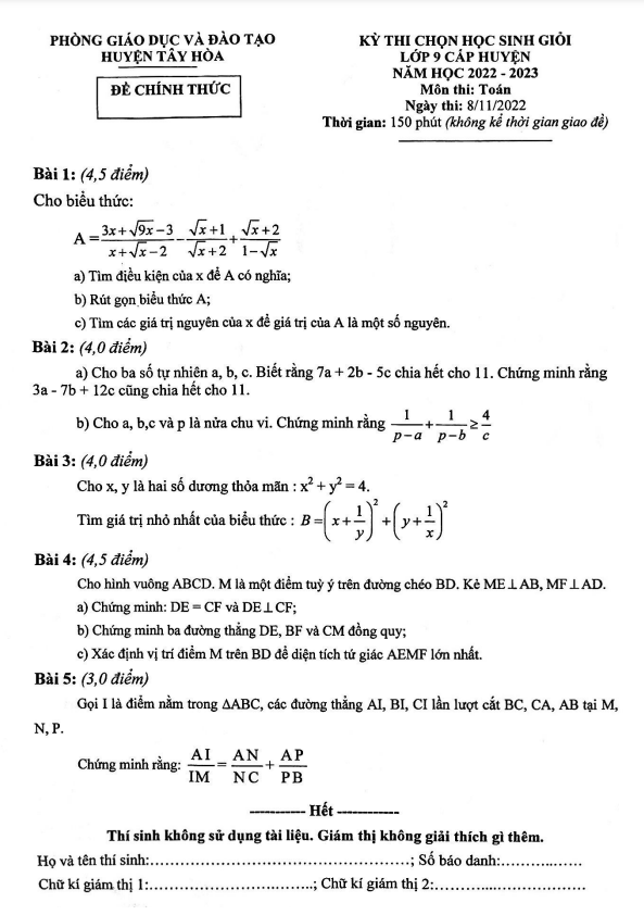 Đề học sinh giỏi huyện lớp 9 môn Toán năm 2022 2023 phòng GD ĐT Tây Hòa Phú Yên
