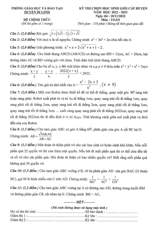 Đề học sinh giỏi huyện môn Toán năm 2022 2023 phòng GD ĐT Di Linh Lâm Đồng
