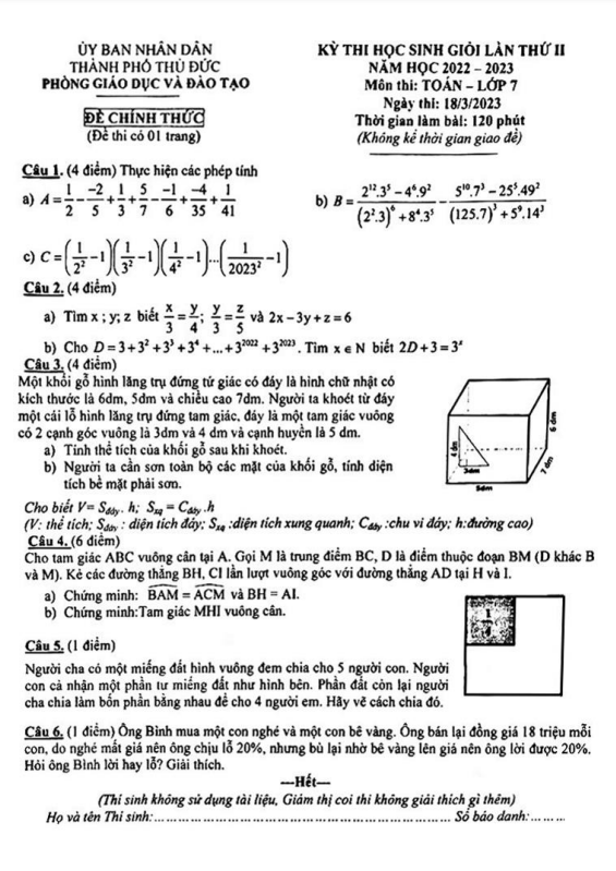 Đề học sinh giỏi lần 2 lớp 7 môn Toán năm 2022 2023 phòng GD ĐT Thủ Đức TP HCM