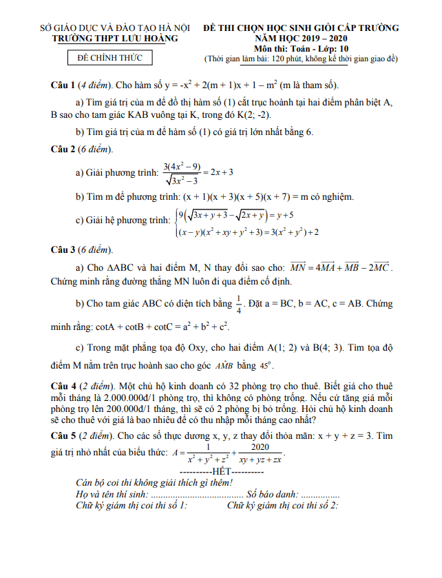 Đề học sinh giỏi lớp 10 môn Toán cấp trường năm 2019 2020 trường Lưu Hoàng Hà Nội