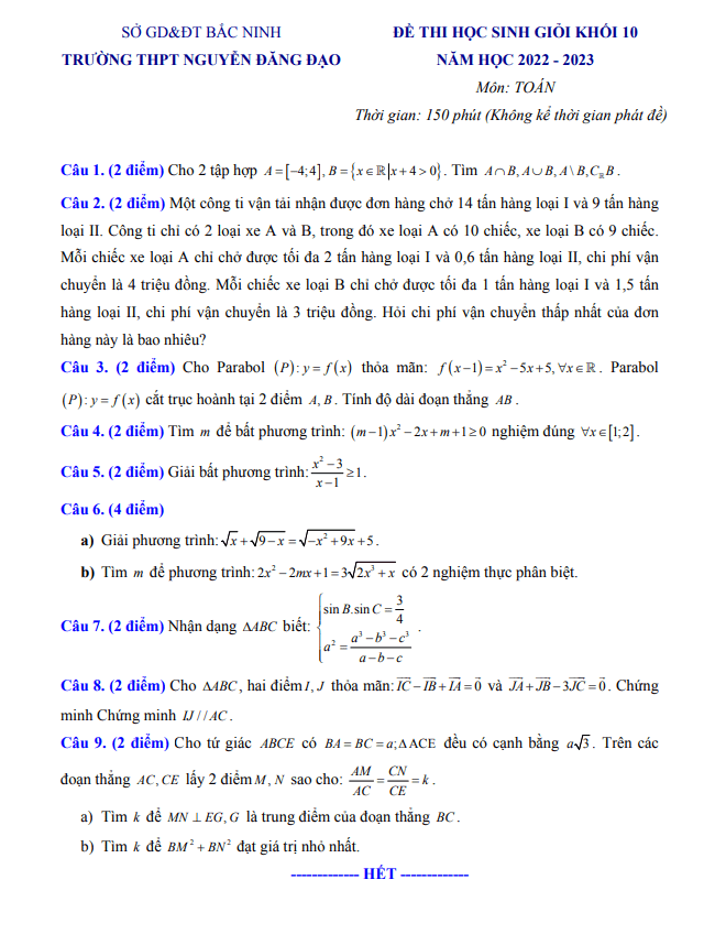 Đề học sinh giỏi lớp 10 môn Toán năm 2022 2023 trường Nguyễn Đăng Đạo Bắc Ninh