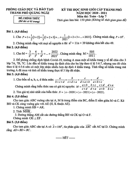 Đề học sinh giỏi lớp 7 môn Toán năm 2020 2021 phòng GD ĐT thành phố Quảng Ngãi