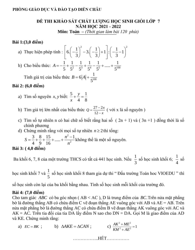 Đề học sinh giỏi lớp 7 môn Toán năm 2021 2022 phòng GD ĐT Diễn Châu Nghệ An
