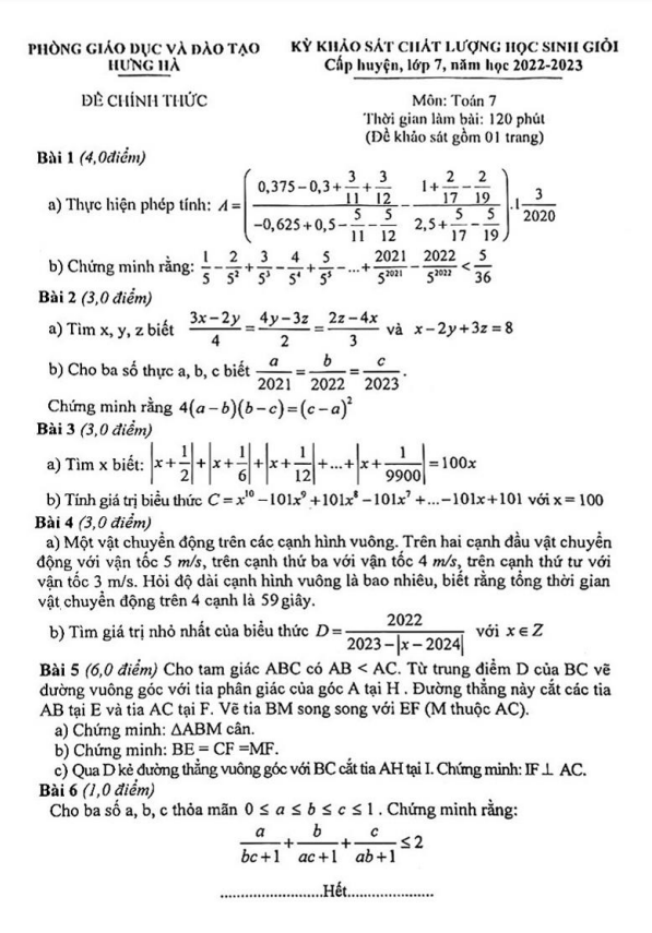 Đề học sinh giỏi lớp 7 môn Toán năm 2022 2023 phòng GD ĐT Hưng Hà Thái Bình