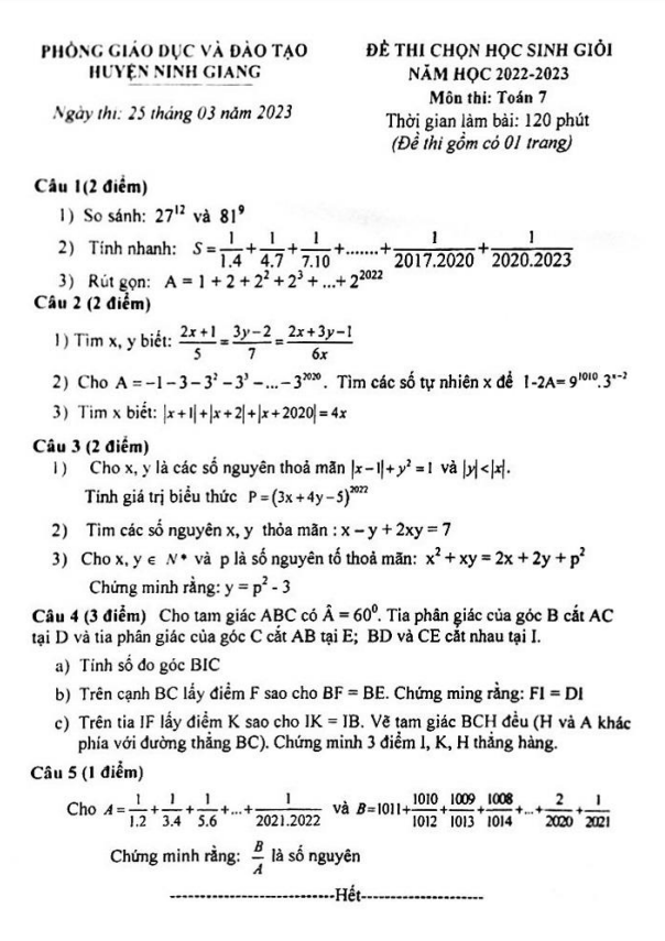 Đề học sinh giỏi lớp 7 môn Toán năm 2022 2023 phòng GD ĐT Ninh Giang Hải Dương
