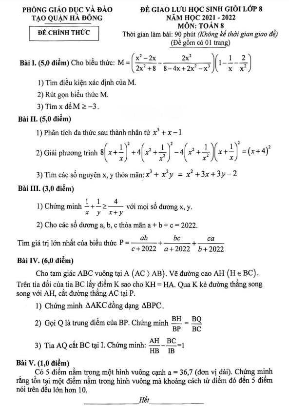 Đề học sinh giỏi lớp 8 môn Toán năm 2021 2022 phòng GD ĐT Hà Đông Hà Nội