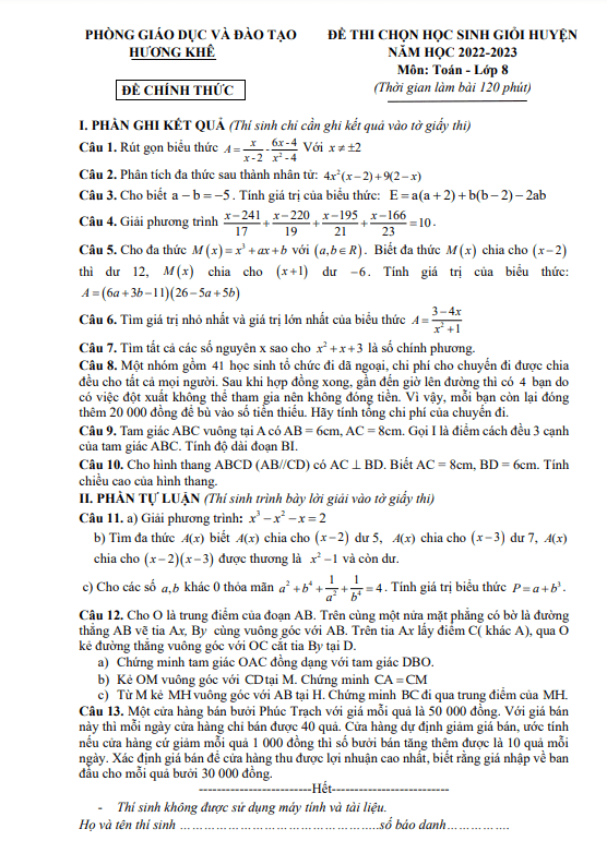 Đề học sinh giỏi lớp 8 môn Toán năm 2022 2023 phòng GD ĐT Hương Khê Hà Tĩnh