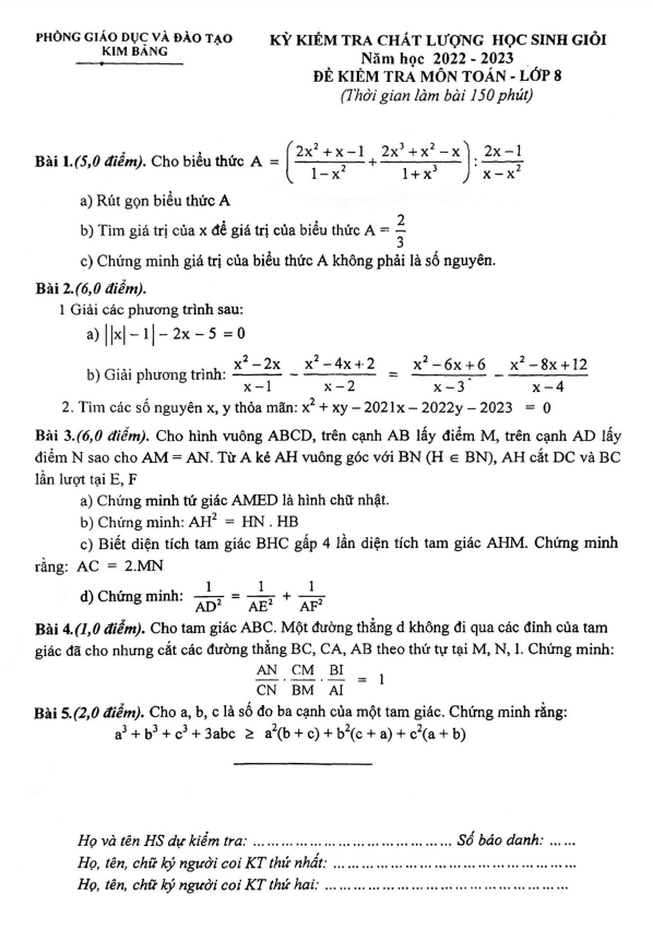 Đề học sinh giỏi lớp 8 môn Toán năm 2022 2023 phòng GD ĐT Kim Bảng Hà Nam