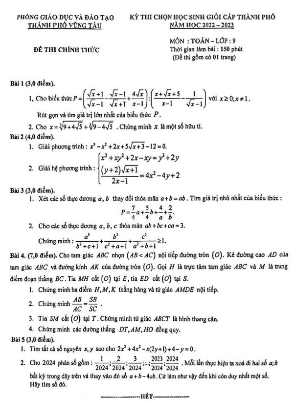 Đề học sinh giỏi lớp 9 môn Toán năm 2022 2023 phòng GD ĐT Vũng Tàu BR VT