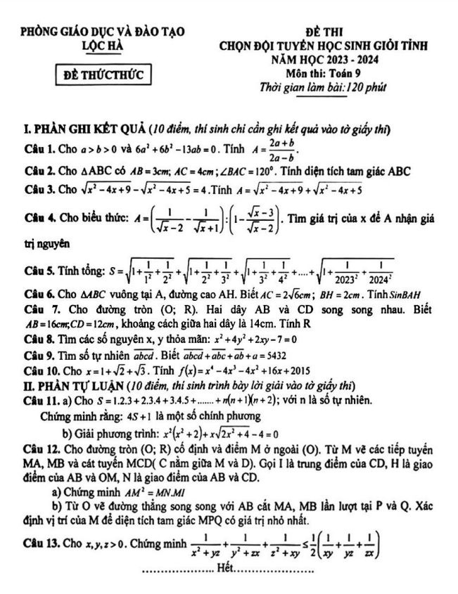 Đề học sinh giỏi lớp 9 môn Toán năm 2023 2024 phòng GD ĐT Lộc Hà Hà Tĩnh