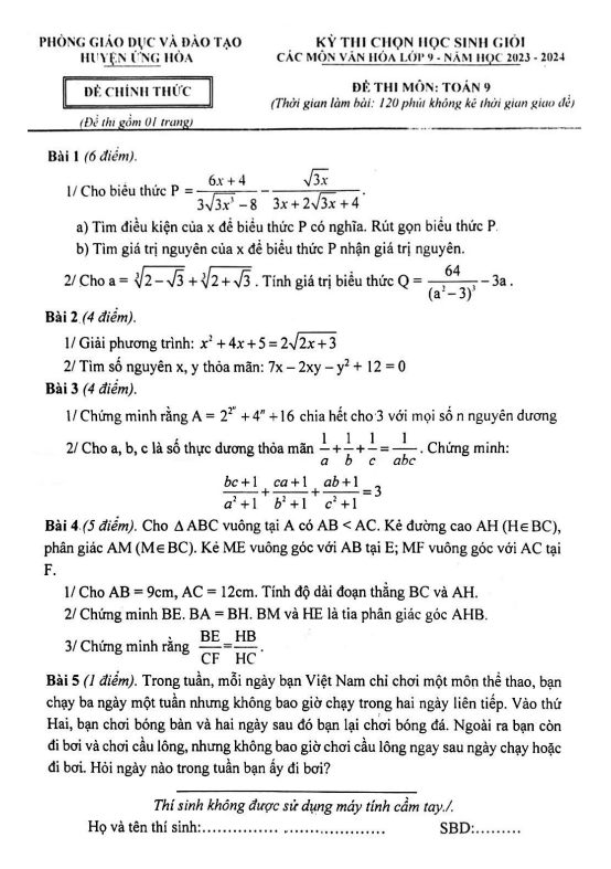 Đề học sinh giỏi lớp 9 môn Toán năm 2023 2024 phòng GD ĐT Ứng Hòa Hà Nội