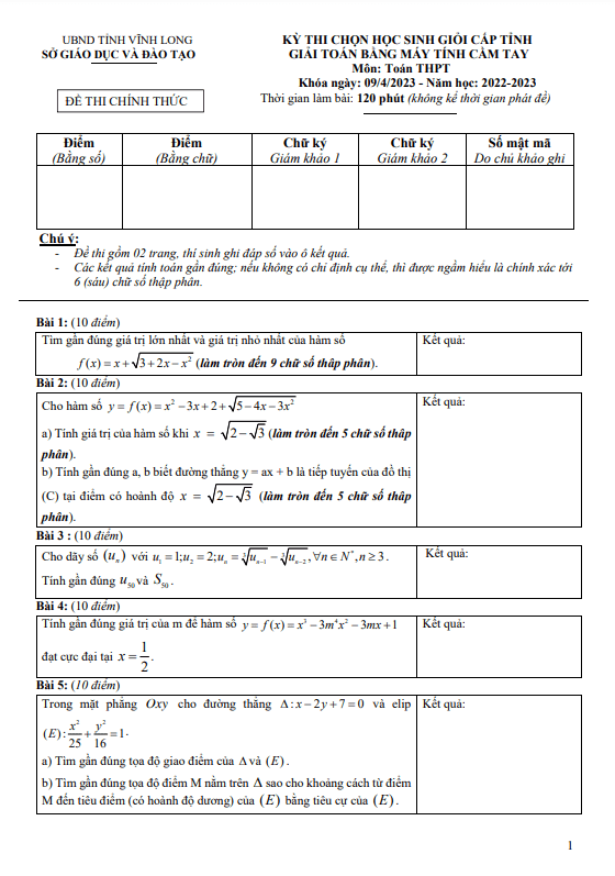 Đề học sinh giỏi MTCT Toán THPT năm 2022 2023 sở GD ĐT Vĩnh Long