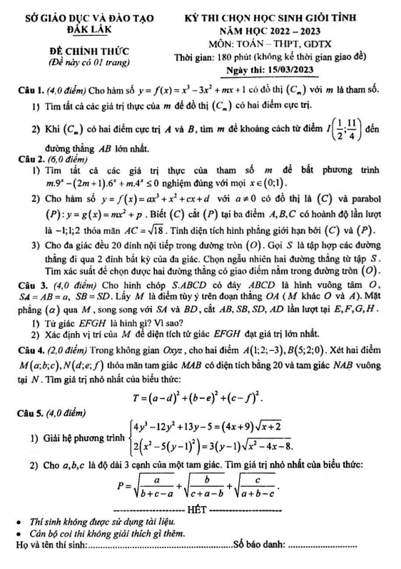 Đề học sinh giỏi tỉnh Toán THPT GDTX năm 2022 2023 sở GD ĐT Đắk Lắk
