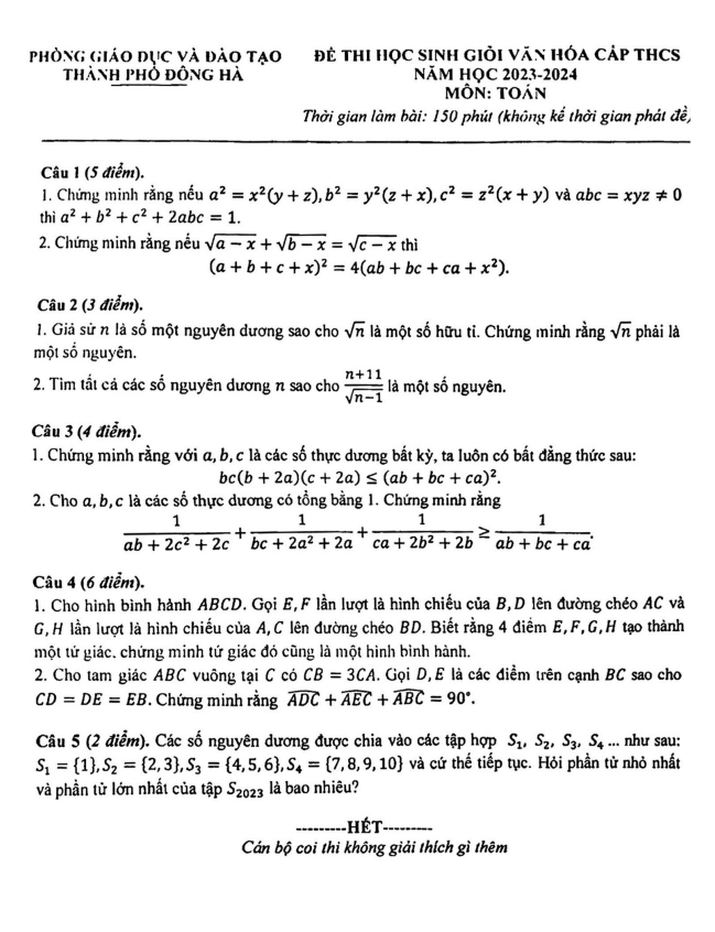 Đề học sinh giỏi Toán THCS năm 2023 2024 phòng GD ĐT Đông Hà Quảng Trị