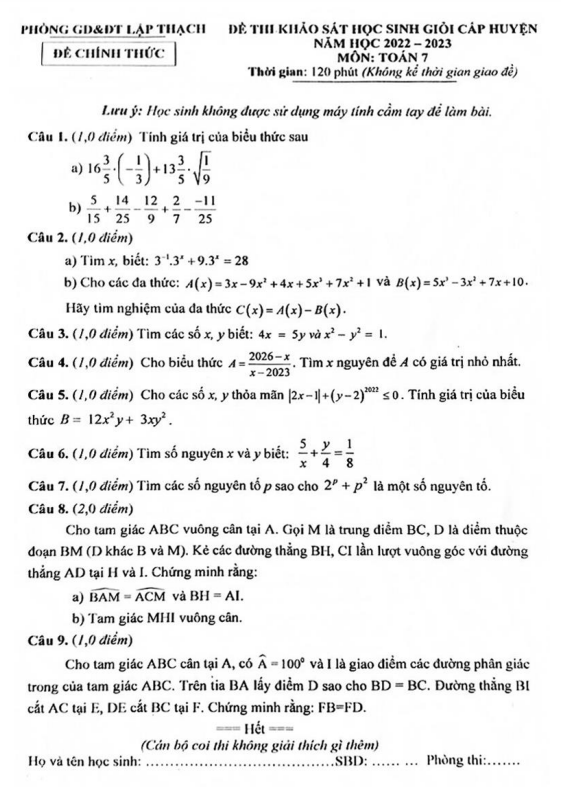 Đề HSG cấp huyện lớp 7 môn Toán năm 2022 2023 phòng GD ĐT Lập Thạch Vĩnh Phúc