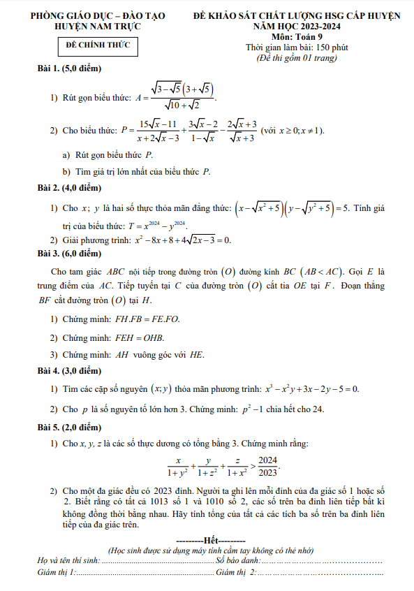 Đề HSG cấp huyện lớp 9 môn Toán năm 2023 2024 phòng GD ĐT Nam Trực Nam Định