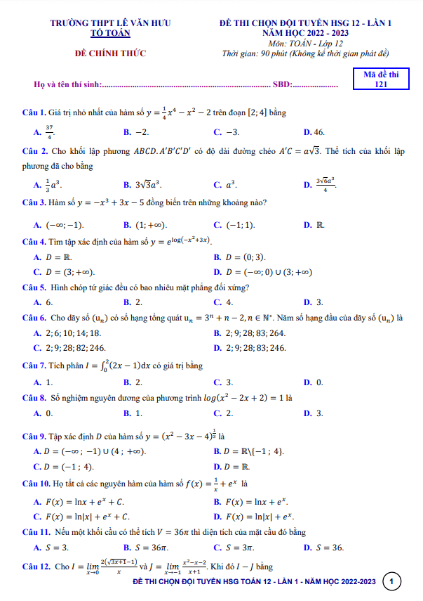 Đề HSG lần 1 lớp 12 môn Toán năm 2022 2023 trường THPT Lê Văn Hưu Thanh Hóa