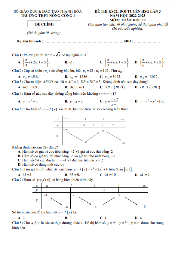 Đề HSG lần 3 lớp 12 môn Toán năm 2022 2023 trường THPT Nông Cống 1 Thanh Hóa
