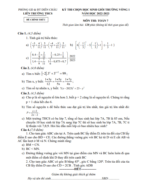 Đề HSG lớp 7 môn Toán vòng 1 năm 2022 2023 liên trường THCS huyện Diễn Châu Nghệ An