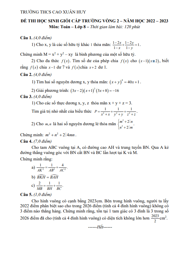 Đề HSG lớp 8 môn Toán vòng 2 năm 2022 2023 trường THCS Cao Xuân Huy Nghệ An