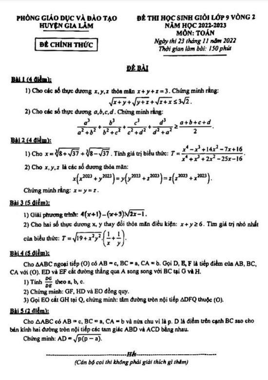 Đề HSG lớp 9 môn Toán vòng 2 năm 2022 2023 phòng GD ĐT Gia Lâm Hà Nội
