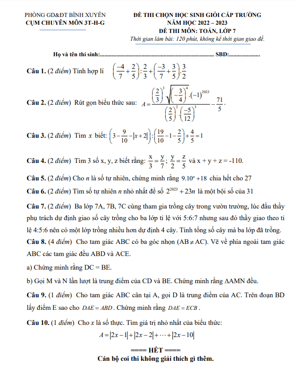 Đề HSG Toán 7 năm 2022 2023 cụm chuyên môn 3T-H-G Bình Xuyên Vĩnh Phúc