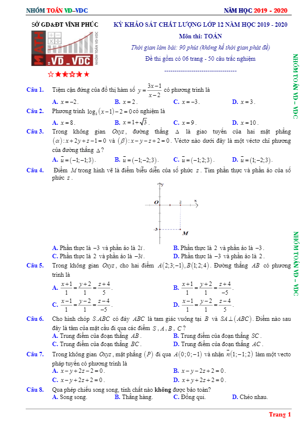 Đề khảo sát chất lượng lớp 12 môn Toán năm 2019 2020 sở GD ĐT Vĩnh Phúc