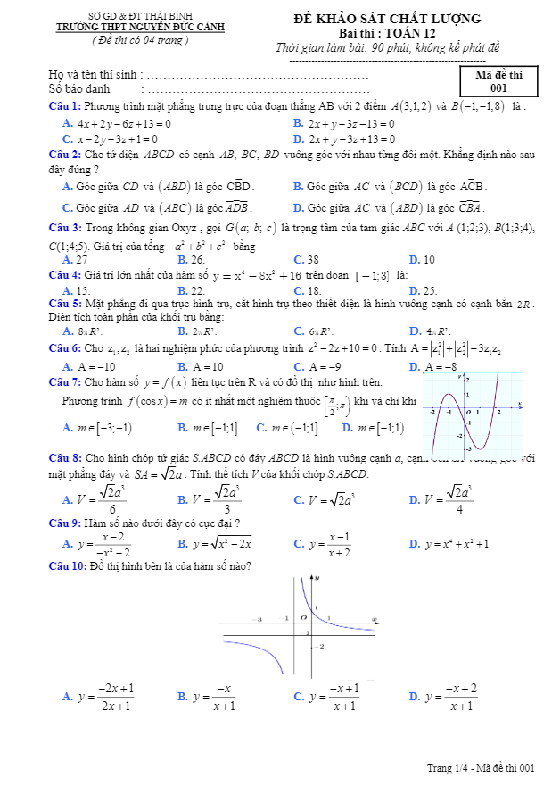 Đề khảo sát chất lượng lớp 12 môn Toán năm 2020 trường THPT Nguyễn Đức Cảnh Thái Bình