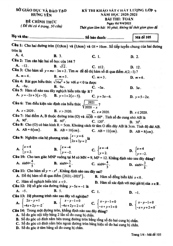 Đề khảo sát chất lượng lớp 9 môn Toán năm 2020 2021 sở GD ĐT Hưng Yên
