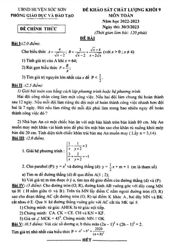 Đề khảo sát chất lượng lớp 9 môn Toán năm 2022 2023 phòng GD ĐT Sóc Sơn Hà Nội