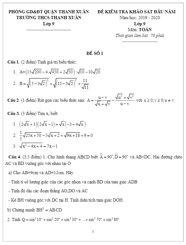 Đề khảo sát đầu năm lớp 9 môn Toán năm 2019 2020 trường Thanh Xuân Hà Nội