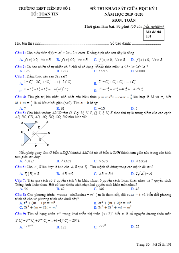 Đề khảo sát giữa học kì 1 (HK1) lớp 11 môn Toán năm 2019 2020 trường Tiên Du 1 Bắc Ninh
