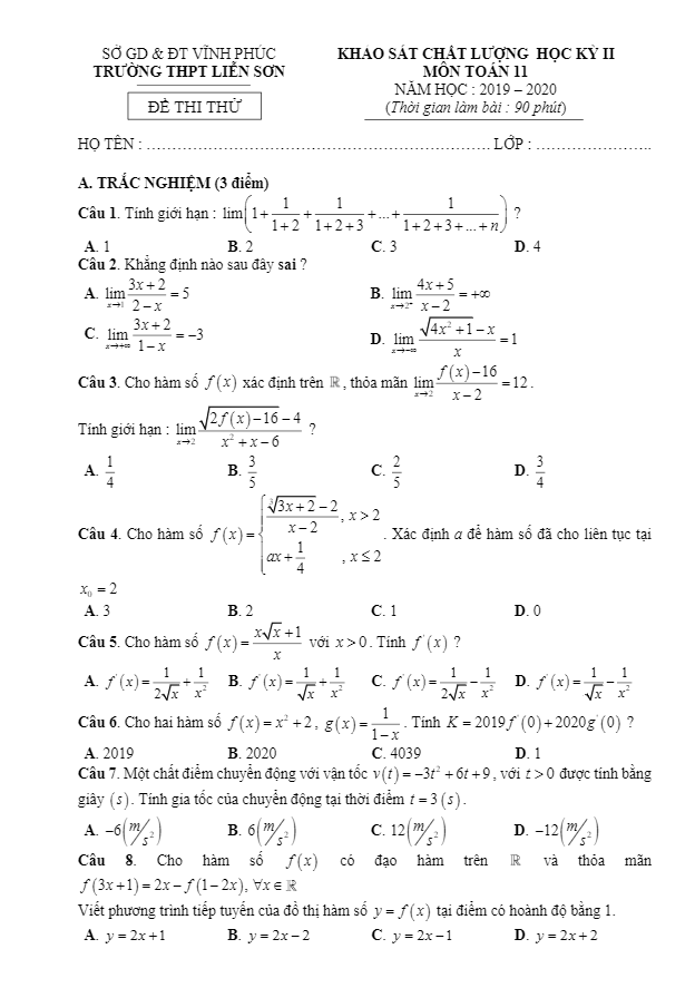 Đề khảo sát học kì 2 (HK2) lớp 11 môn Toán năm 2019 2020 trường THPT Liễn Sơn Vĩnh Phúc