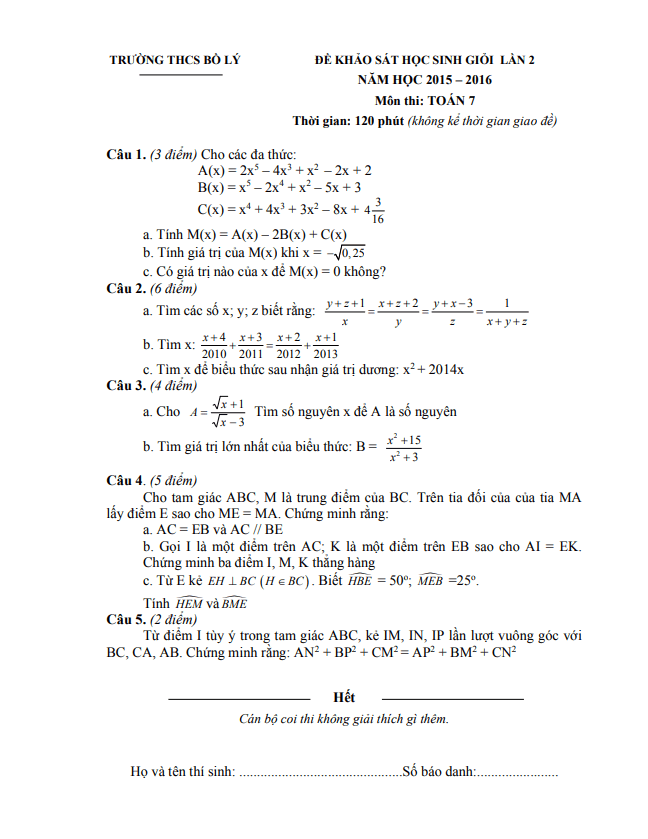 Đề khảo sát HSG lớp 7 môn Toán lần 2 năm 2015 2016 trường THCS Bồ Lý Vĩnh Phúc
