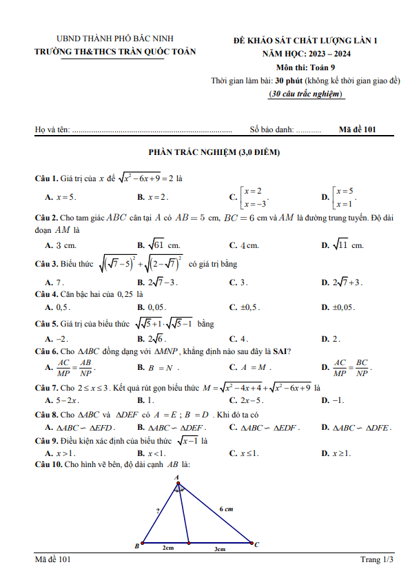 Đề khảo sát lần 1 lớp 9 môn Toán năm 2023 2024 trường Trần Quốc Toản Bắc Ninh