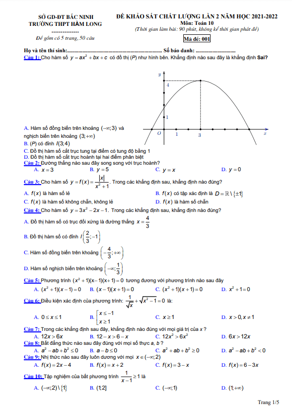 Đề khảo sát lần 2 lớp 10 môn Toán năm 2021 2022 trường THPT Hàm Long Bắc Ninh