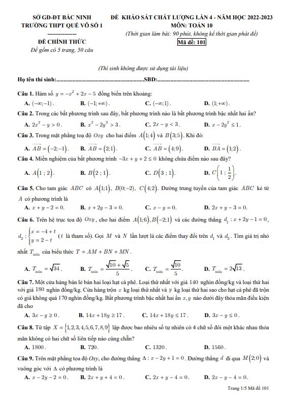 Đề khảo sát lần 4 lớp 10 môn Toán năm 2022 2023 trường THPT Quế Võ 1 Bắc Ninh