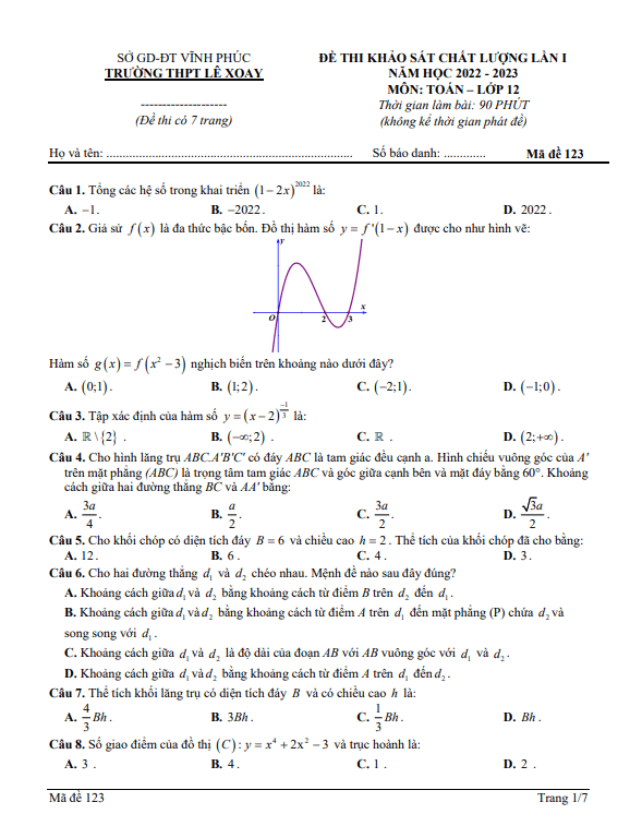Đề khảo sát lớp 12 môn Toán lần 1 năm 2022 2023 trường THPT Lê Xoay Vĩnh Phúc