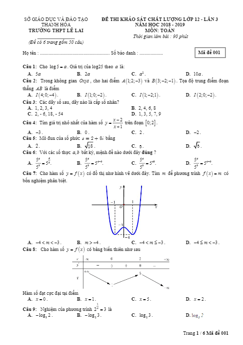 Đề khảo sát lớp 12 môn Toán lần 3 năm 2018 2019 trường THPT Lê Lai Thanh Hóa